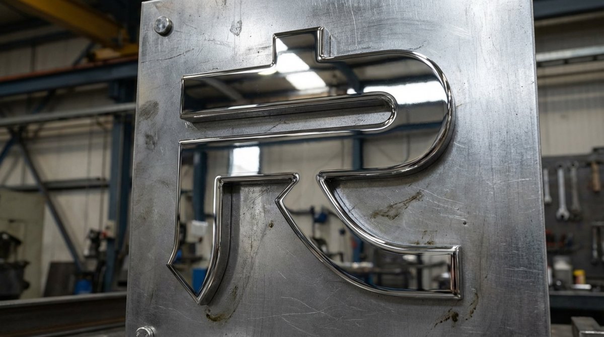 chrome logo on metal plate